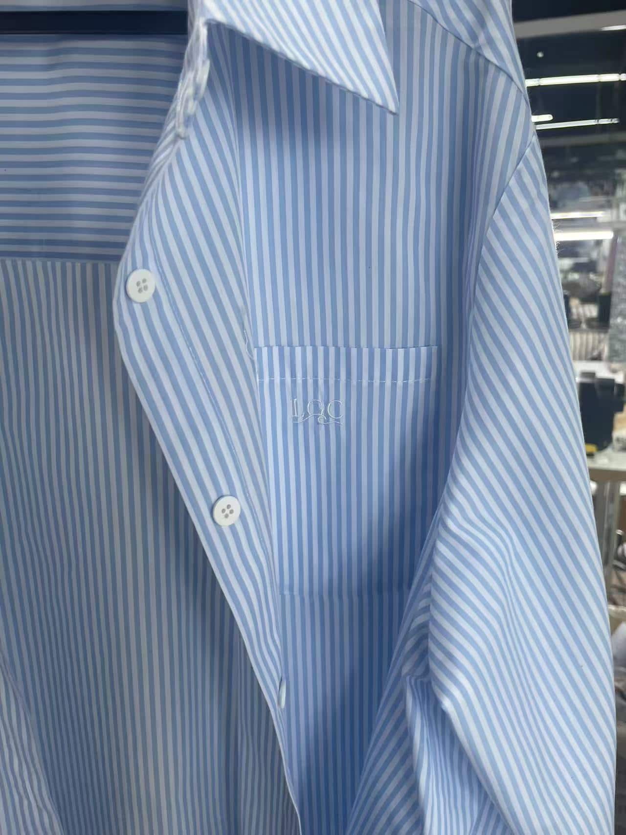 Cotton shirt: collar, placket, pearl buttons, chest pocket — made in the Belleza workshop